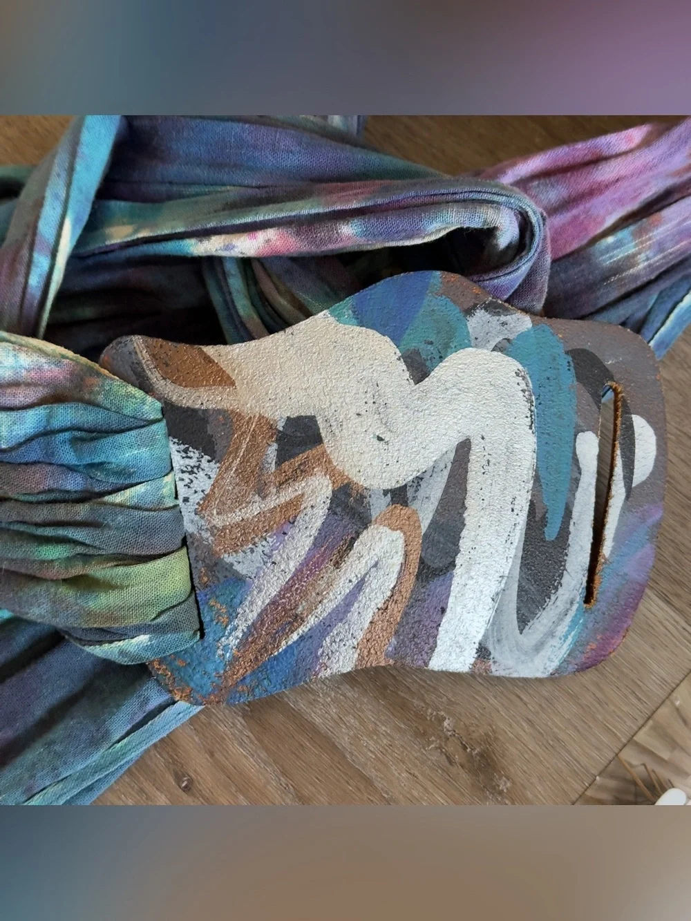 Jane Yoo Leather & Tie Dye Sash Belt Signed Hand Painted Art OSFM Vintage 1990s